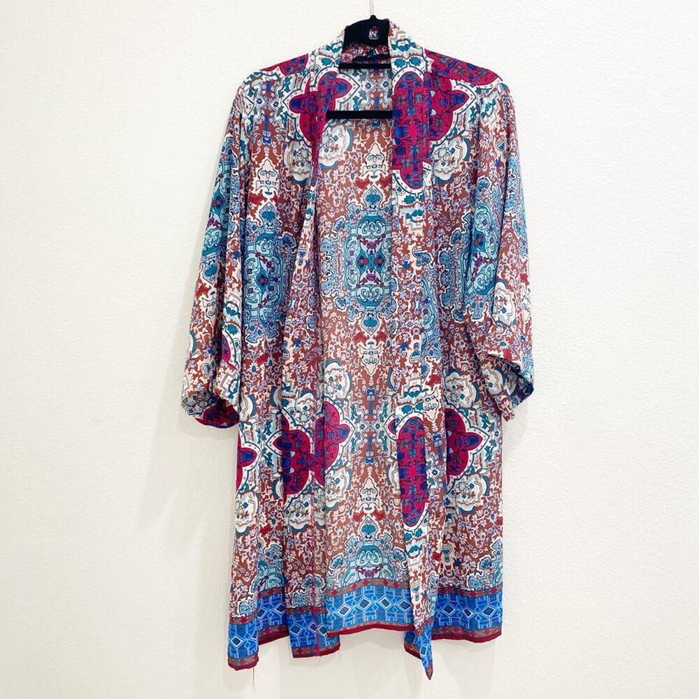 olivaceous printed patterned long open front kimono